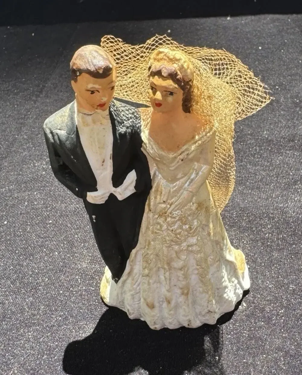 Vintage 1930’s Chalk-ware Bride And Groom Wedding Cake Topper Needs TLC -A56